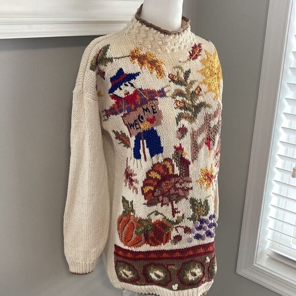 Vintage 90s Beldochpopper Fall Harvest Pumpkin Scarecrow Turtleneck Sweater S - Picture 3 of 14